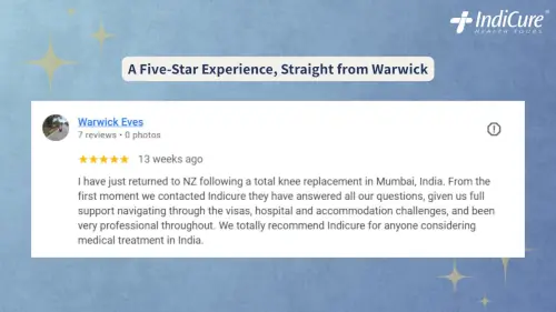 A screenshot of a 5-star Google review from Warwick Eves praising the professional medical treatment and support received from IndiCure Health Tours.